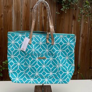 Trina Turk Turquoise and White Geometric Tote Bag